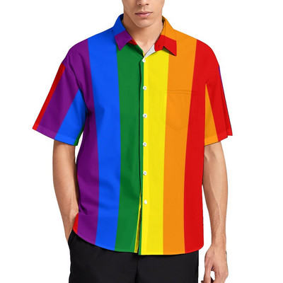 Bling Me Up Rainbow brīvdienu krekls Vīriešu svītraini popmākslas mirdzoši ikdienas krekli Havajiešu grafiskas blūzes ar īsām piedurknēm lielizmēra augšdaļa