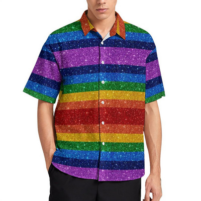 Bling Me Up Rainbow brīvdienu krekls Vīriešu svītraini popmākslas mirdzoši ikdienas krekli Havajiešu grafiskas blūzes ar īsām piedurknēm lielizmēra augšdaļa