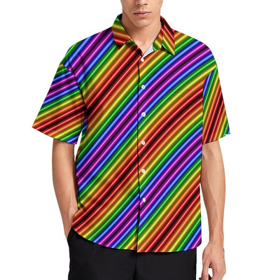 Bling Me Up Rainbow brīvdienu krekls Vīriešu svītraini popmākslas mirdzoši ikdienas krekli Havajiešu grafiskas blūzes ar īsām piedurknēm lielizmēra augšdaļa