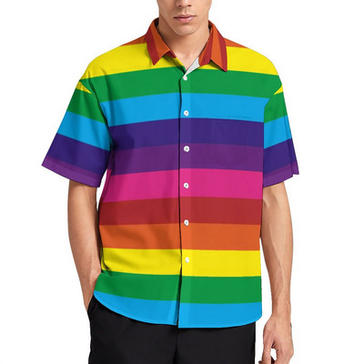 Bling Me Up Rainbow brīvdienu krekls Vīriešu svītraini popmākslas mirdzoši ikdienas krekli Havajiešu grafiskas blūzes ar īsām piedurknēm lielizmēra augšdaļa