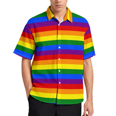 Bling Me Up Rainbow brīvdienu krekls Vīriešu svītraini popmākslas mirdzoši ikdienas krekli Havajiešu grafiskas blūzes ar īsām piedurknēm lielizmēra augšdaļa