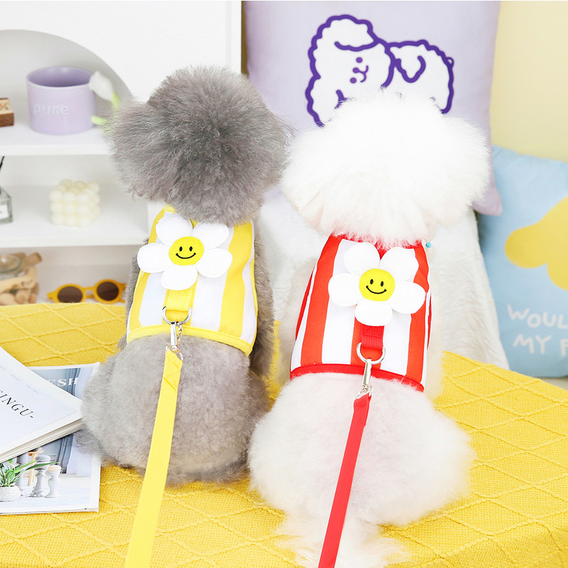 Svītraina kucēna suņu zirglieta un siksna ar jauku saules ziedu sieta vasaras vestu apģērbu maziem un vidējiem suņiem, regulējams maltiešu kaķis