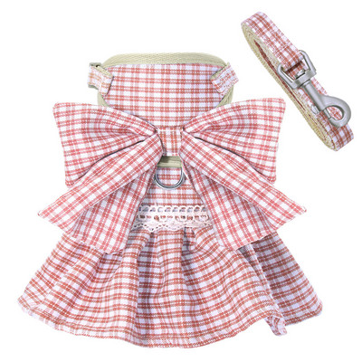 Σετ λουριών και λουριών για σκύλους μόδας Ρυθμιζόμενο γιλέκο φόρεμα για κατοικίδια καρό παπιγιόν ροζ λουρί για μικρούς μεσαίους σκύλους Φιόγκος