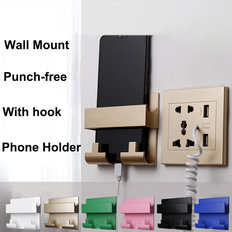 Стойка за стенен държач за телефон Самозалепваща се стойка за зареждане на мобилен телефон за хотел Универсална стойка за телефон Куки за ключове Стенен рафт