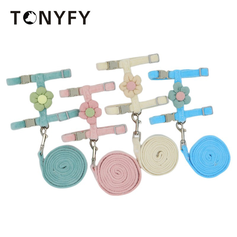 Ham de pluș pentru animale de companie, stil de flori drăguț, în formă de I, moale, reglabil pentru câini de talie mică, accesorii pentru plimbare pentru pisici, frânghie de urmărire anti-ruptură