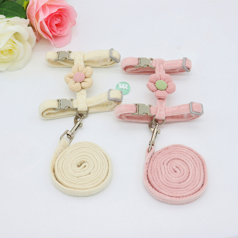 Ham de pluș pentru animale de companie, stil de flori drăguț, în formă de I, moale, reglabil pentru câini de talie mică, accesorii pentru plimbare pentru pisici, frânghie de urmărire anti-ruptură