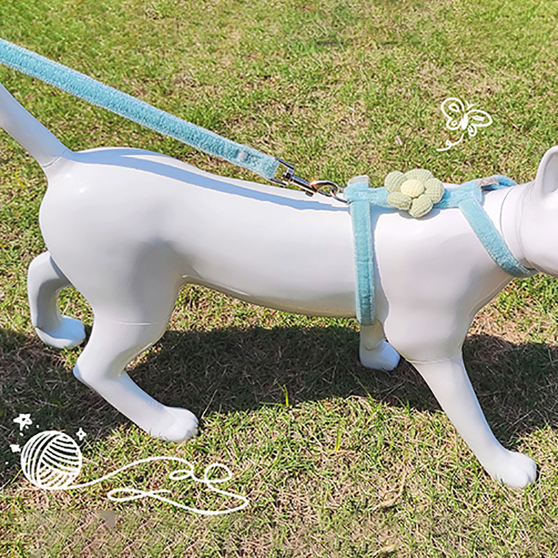 Ham de pluș pentru animale de companie, stil de flori drăguț, în formă de I, moale, reglabil pentru câini de talie mică, accesorii pentru plimbare pentru pisici, frânghie de urmărire anti-ruptură