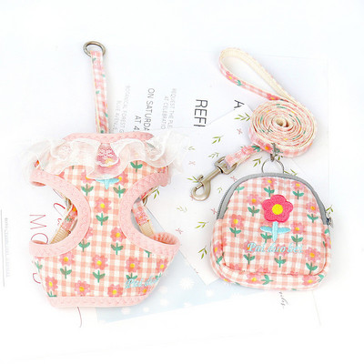 Jaukas vestes tipa mājdzīvnieku zirglietas ar vilces virves komplektu, ziedu dizaina krūšu siksna maza suņa kucēna kaķa pastaigu mājdzīvnieku piederumiem