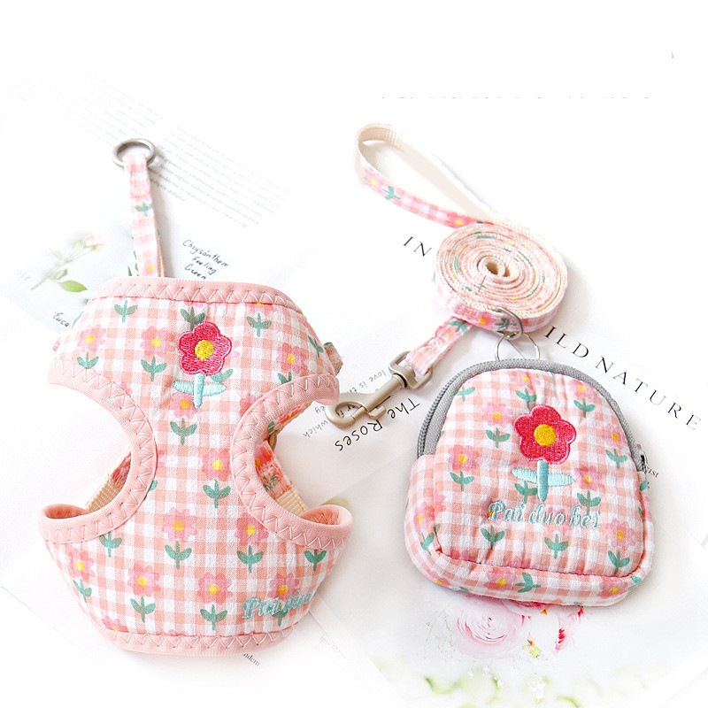 Jaukas vestes tipa mājdzīvnieku zirglietas ar vilces virves komplektu, ziedu dizaina krūšu siksna maza suņa kucēna kaķa pastaigu mājdzīvnieku piederumiem