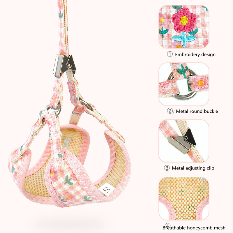 Jaukas vestes tipa mājdzīvnieku zirglietas ar vilces virves komplektu, ziedu dizaina krūšu siksna maza suņa kucēna kaķa pastaigu mājdzīvnieku piederumiem