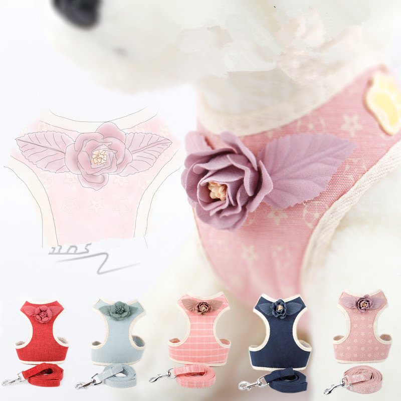 Elpojoša, maza suņa mājdzīvnieku iejūga un pavadas komplekts, ziedi, kucēnu kaķa vestes kaklasiksna Čivavas mopša buldoga kaķim Arnes Perro