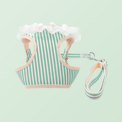 Modes suņu kaķu zirglietu siksnas komplekts Regulējams mežģīnes svītrains mājdzīvnieku iejūga veste Jauka suņa kleita kucēna sieta iejūga kaķa pastaigu vads