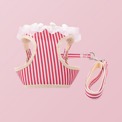 Modes suņu kaķu zirglietu siksnas komplekts Regulējams mežģīnes svītrains mājdzīvnieku iejūga veste Jauka suņa kleita kucēna sieta iejūga kaķa pastaigu vads