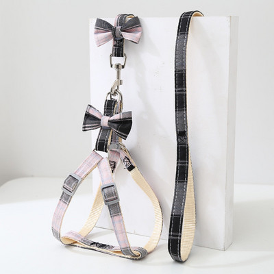 Karirani pojas za kućne ljubimce Povodac Ogrlica Set Podesiva slatka mašna Dvoslojni za male srednje mačke Karirani uzorak Povodac za pse na otvorenom za šetnju