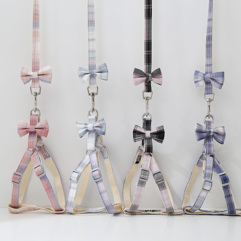 Karirani pojas za kućne ljubimce Povodac Ogrlica Set Podesiva slatka mašna Dvoslojni za male srednje mačke Karirani uzorak Povodac za pse na otvorenom za šetnju