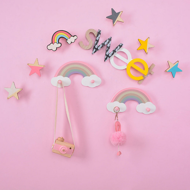 Jauki varavīksnes bērnu istabas ar āķi pie sienas stiprināms atslēgu turētājs Koka sienas pakaramais meitenes Guļamistabas dekorēšana Āķi Apģērbi Dažādi Organizators