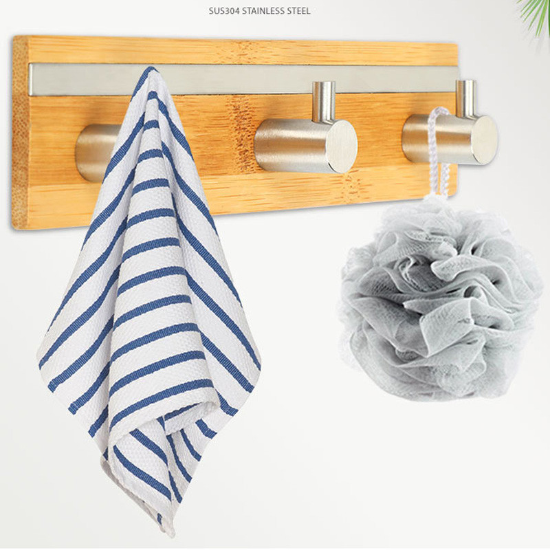 Bambusz fali kampó rozsdamentes acél akasztó törölközőtartóhoz Ruhaakasztó Kulcstartó Ajtó fali akasztó kampó Konyha Fürdőszoba