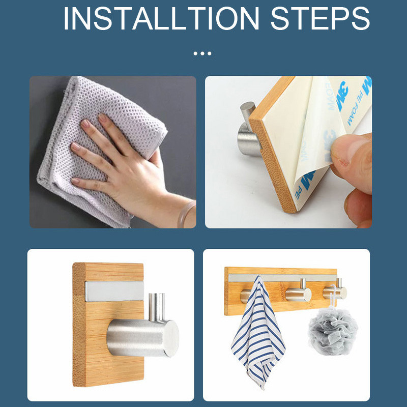 Bambusz fali kampó rozsdamentes acél akasztó törölközőtartóhoz Ruhaakasztó Kulcstartó Ajtó fali akasztó kampó Konyha Fürdőszoba