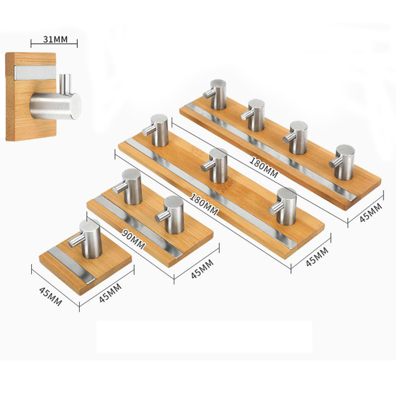 Bambusz fali kampó rozsdamentes acél akasztó törölközőtartóhoz Ruhaakasztó Kulcstartó Ajtó fali akasztó kampó Konyha Fürdőszoba