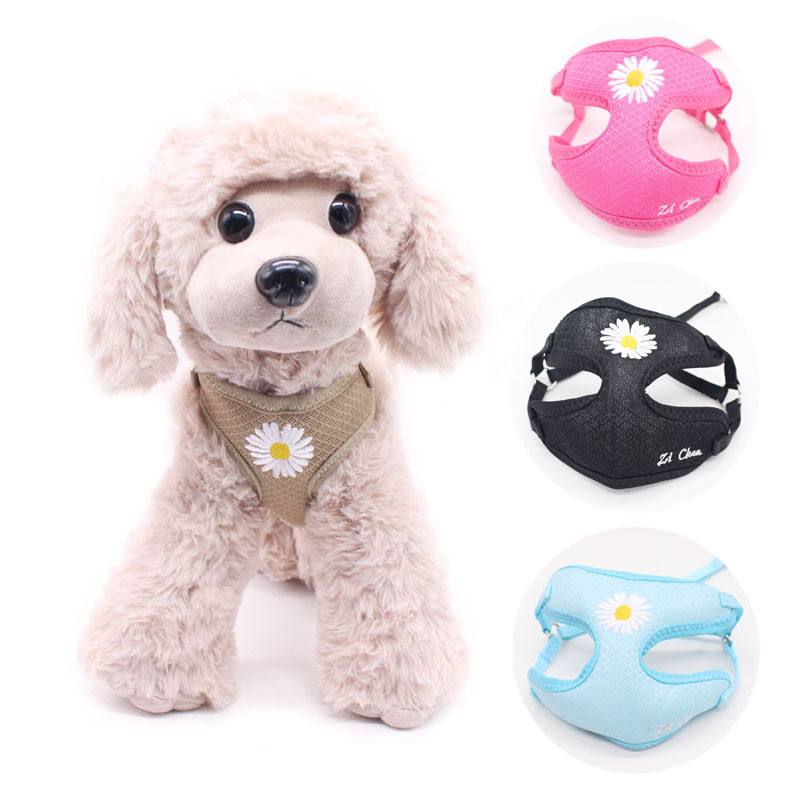 Koreai cukorka színű hímzéses, légáteresztő kis kedvenc kutya hám és póráz készlet puha nylon kiskutya sétáló mellény Chihuahua Yorkie számára