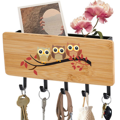 Key Hanger Sundries Storage Household Box Printed Cute Owls Bamboo Wooden Keychain Racks 5 Hooks Wall Door Back Organizer Box