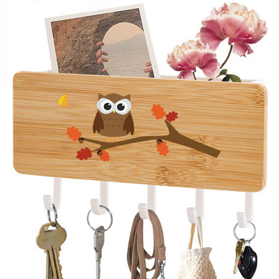 Κρεμάστρα για μπρελόκ Sundries Storage Household Box Εκτυπωμένο Cute Owls Bamboo Ξύλινα μπρελόκ με 5 άγκιστρα Κιβώτιο οργάνωσης πίσω πόρτας τοίχου
