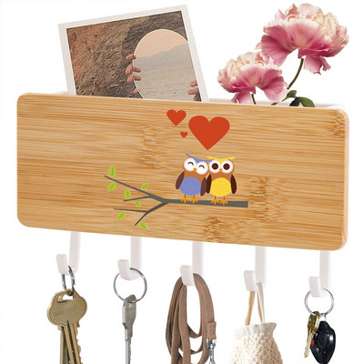 Κρεμάστρα για μπρελόκ Sundries Storage Household Box Εκτυπωμένο Cute Owls Bamboo Ξύλινα μπρελόκ με 5 άγκιστρα Κιβώτιο οργάνωσης πίσω πόρτας τοίχου