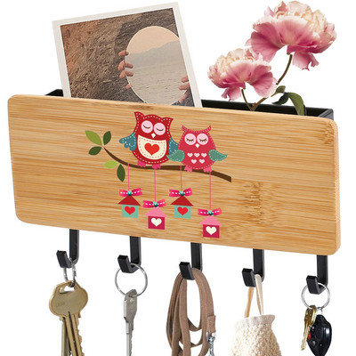 Κρεμάστρα για μπρελόκ Sundries Storage Household Box Εκτυπωμένο Cute Owls Bamboo Ξύλινα μπρελόκ με 5 άγκιστρα Κιβώτιο οργάνωσης πίσω πόρτας τοίχου