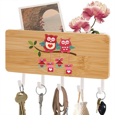 Κρεμάστρα για μπρελόκ Sundries Storage Household Box Εκτυπωμένο Cute Owls Bamboo Ξύλινα μπρελόκ με 5 άγκιστρα Κιβώτιο οργάνωσης πίσω πόρτας τοίχου
