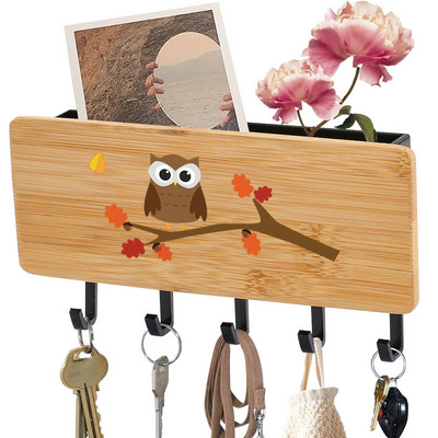 Κρεμάστρα για μπρελόκ Sundries Storage Household Box Εκτυπωμένο Cute Owls Bamboo Ξύλινα μπρελόκ με 5 άγκιστρα Κιβώτιο οργάνωσης πίσω πόρτας τοίχου