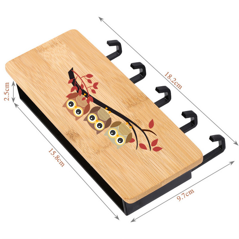 Κρεμάστρα για μπρελόκ Sundries Storage Household Box Εκτυπωμένο Cute Owls Bamboo Ξύλινα μπρελόκ με 5 άγκιστρα Κιβώτιο οργάνωσης πίσω πόρτας τοίχου