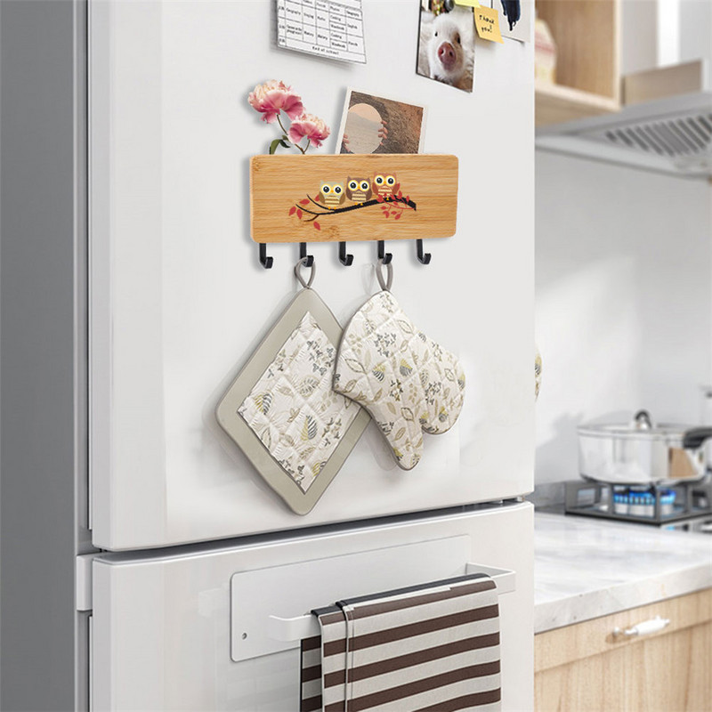 Κρεμάστρα για μπρελόκ Sundries Storage Household Box Εκτυπωμένο Cute Owls Bamboo Ξύλινα μπρελόκ με 5 άγκιστρα Κιβώτιο οργάνωσης πίσω πόρτας τοίχου