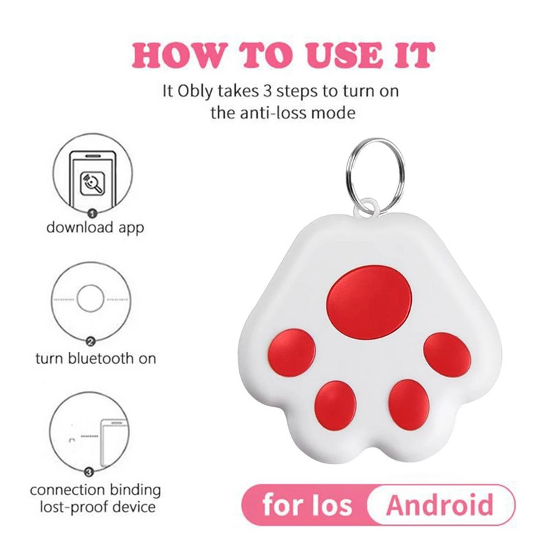 Mini apsaugos nuo pamestų signalizacijos reikmenys naminiams gyvūnėliams su dėžutės šunų kačių išmaniuoju GPS sekimo įrenginiu, apsaugančiu nuo praradimo Bluetooth GPS sekimo priemone, mielas letenėlės raktų ieškiklis