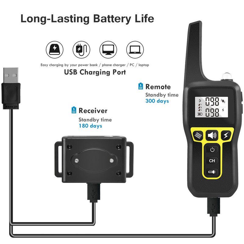 Suņu apmācības tālvadības kakla siksna 1000 M elektriska suņu pretrešanas kakla siksna 433HZ universāla suņa TPU kaklasiksna, ūdensizturīga uzlādējama Freeship