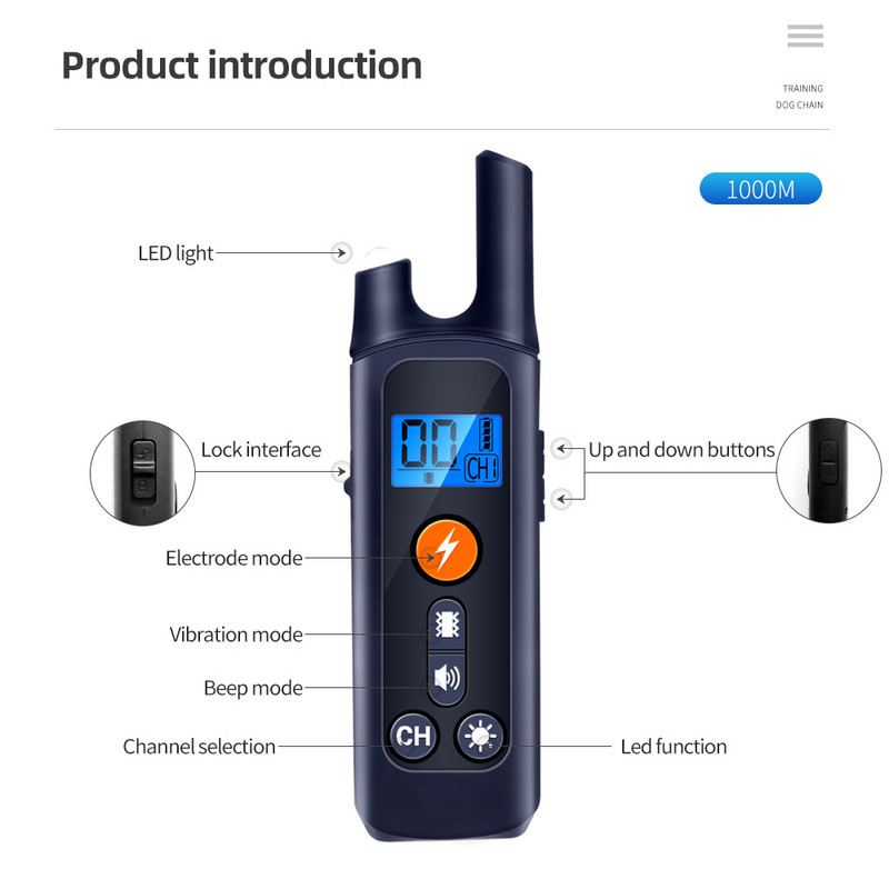 1000 m-es távirányító elektromos kutyakiképző nyakörv vízálló újratölthető LCD kijelzővel univerzális méretű lökés vibrációs hang