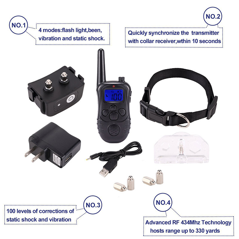 Jaunas 300 M tālvadības elektroniskās suņu apmācības kaklasiksnas ar LCD zilā ekrāna displeju, uzlādējamas 100 līmeņu mājdzīvnieku elektroniskās suņu kaklasiksnas