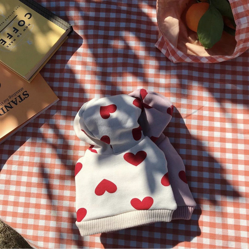 Őszi, téli kisállat szerelem kapucnis ruházat meleg és aranyos nyomtatási Love Plus bársony pulóver kapucnis Teddy Bichon kutya macska ruhák