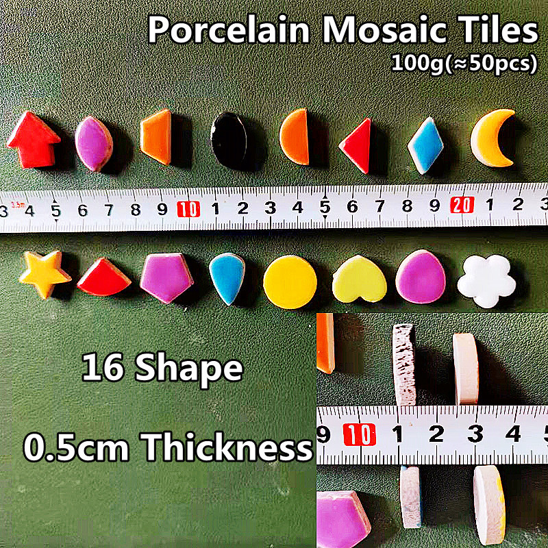 100g/3.52oz(aptuveni 50gab.) Porcelāna mozaīkas flīzes 0.5cm biezums zvaigzne/sirds/apaļa/zieda forma DIY mozaīkas amatniecības materiāli