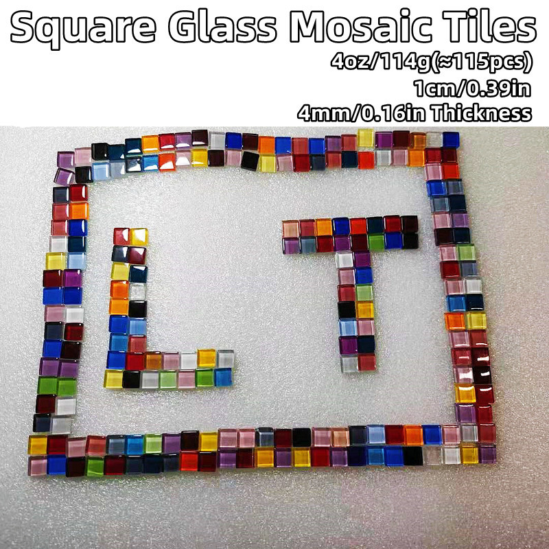 4 unces/114g (apmēram 115 gab.) 1 cm/0,39 collas kvadrātveida stikla mozaīkas flīzes, 4 mm/0,16 collas biezas, DIY amatniecības flīžu mozaīkas izgatavošanas materiāli