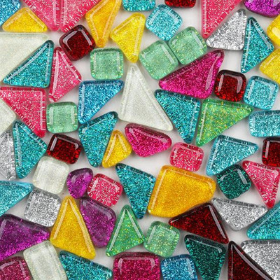 120g/4.23oz (aptuveni 85gab.) Daudzstūra stikla mozaīkas flīzes Spilgtas/mirdzošas mozaīkas amatniecības materiāli kvadrātveida/romba mozaīkas flīzes