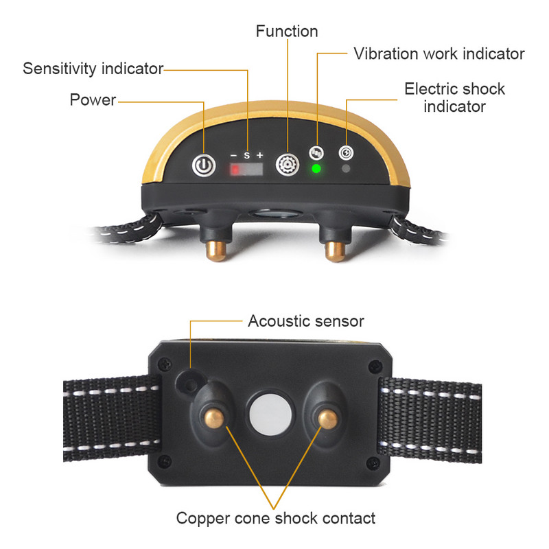 Inteliģenta suņu riešanas atpazīšana, uzlādējama IP65 ūdensizturīga ultraskaņas vibrācijas elektrostatiskā trieciena suņa kakla siksna