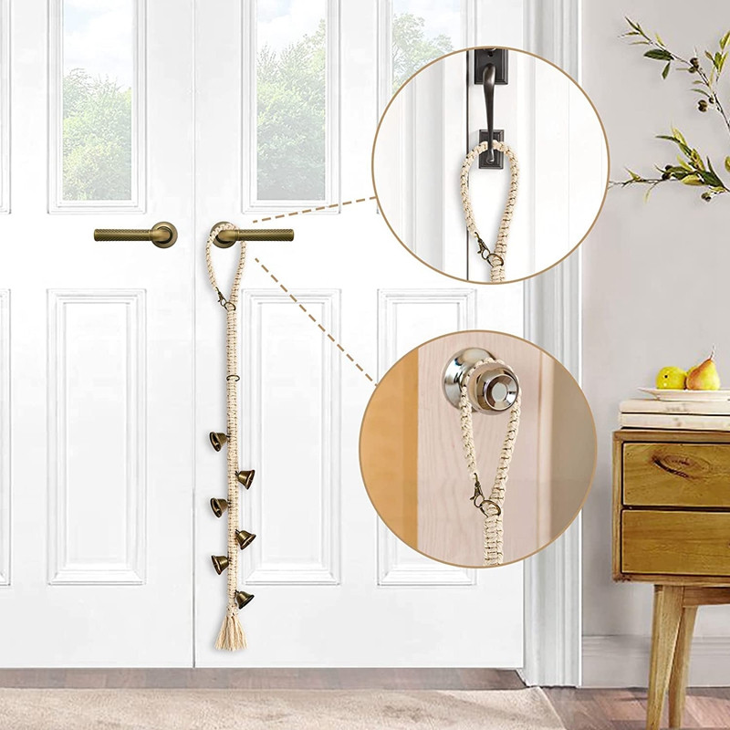 Durų skambučiai šunims, mokomieji durų skambučiai šuniukams, reguliuojami kabantys šunų durų skambučiai, medvilninėmis virvėmis austi durų skambučiai