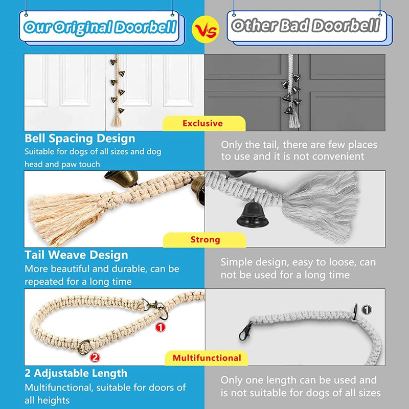 Durų skambučiai šunims, mokomieji durų skambučiai šuniukams, reguliuojami kabantys šunų durų skambučiai, medvilninėmis virvėmis austi durų skambučiai