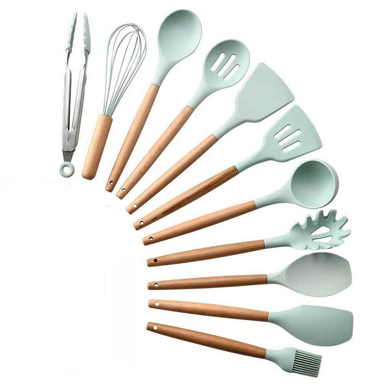 Maisto gaminimo įrankiai Maisto kokybės medinės rankenos sukimo žnyplės Mentele Sriubos šaukštas 1vnt Nešiojami virtuvės prietaisai Silikoninis Nelipnus