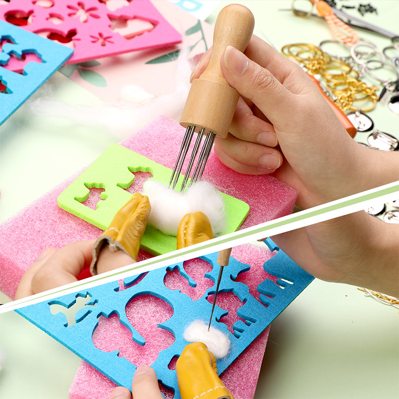 IMZAY tűnemezelő készlet fa nyelű tű nemezelő eszközzel 3 méret 18 db Nemezelő tűk ujjvédő barkács varráshoz