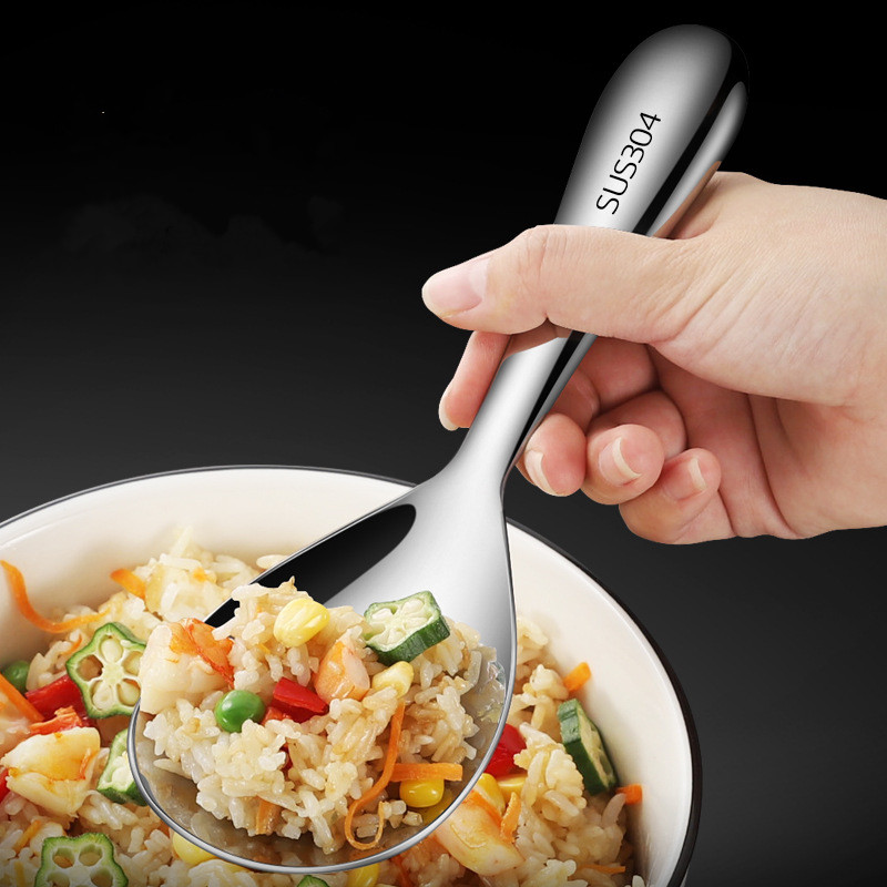 Vastag rozsdamentes acél rizsfőző kanál Japán stílusú, hosszú nyelű svédasztalos tálalókanalak Evőkanál Konyhai edények