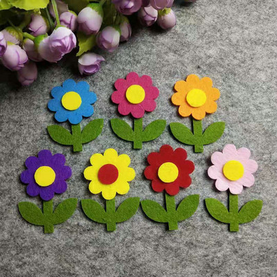 Neausta filca auduma ziedu sienu uzlīmes tulpes saules zieds smaida seja bērnudārza skola klase ar rokām darināts materiāls