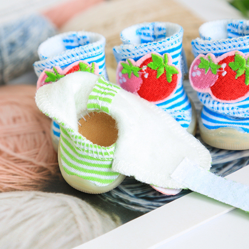 Cipele za kućne ljubimce Prugaste čizme za pse s voćem koje se ne kližu od goveđe tetive Cipele za mačke za pse Štene Cipele za kućne ljubimce Odjeća za pse Odjeća 4 KOMADA/SET