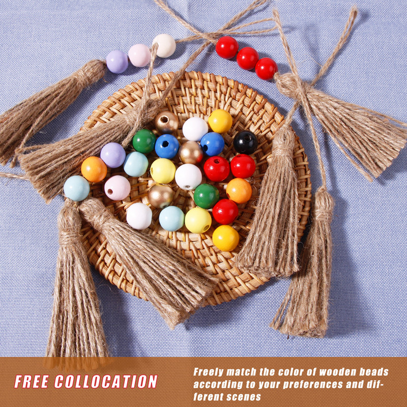 5gab Džutas pušķis Daudzkrāsainas koka krelles mājas dekorēšanai Kaņepju virves audekla pušķi amatniecībai Aizkaru DIY ballīšu rotājumi