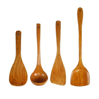 Set de ustensile de gătit, 4 bucăți, spatulă din lemn, lingură din bambus, ustensile de bucătărie, instrumente, spatulă, lopată, lingură pentru supă, vase de gătit